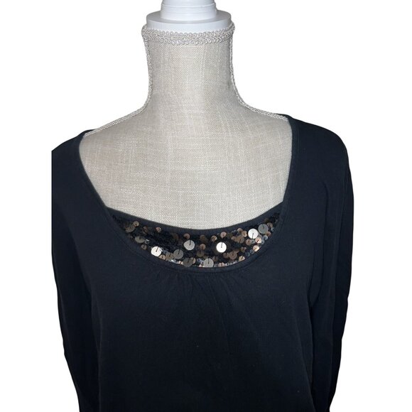 Esprit Womens Black Sequin Scoop Neck Long Sleeve Top L - Picture 2 of 9
